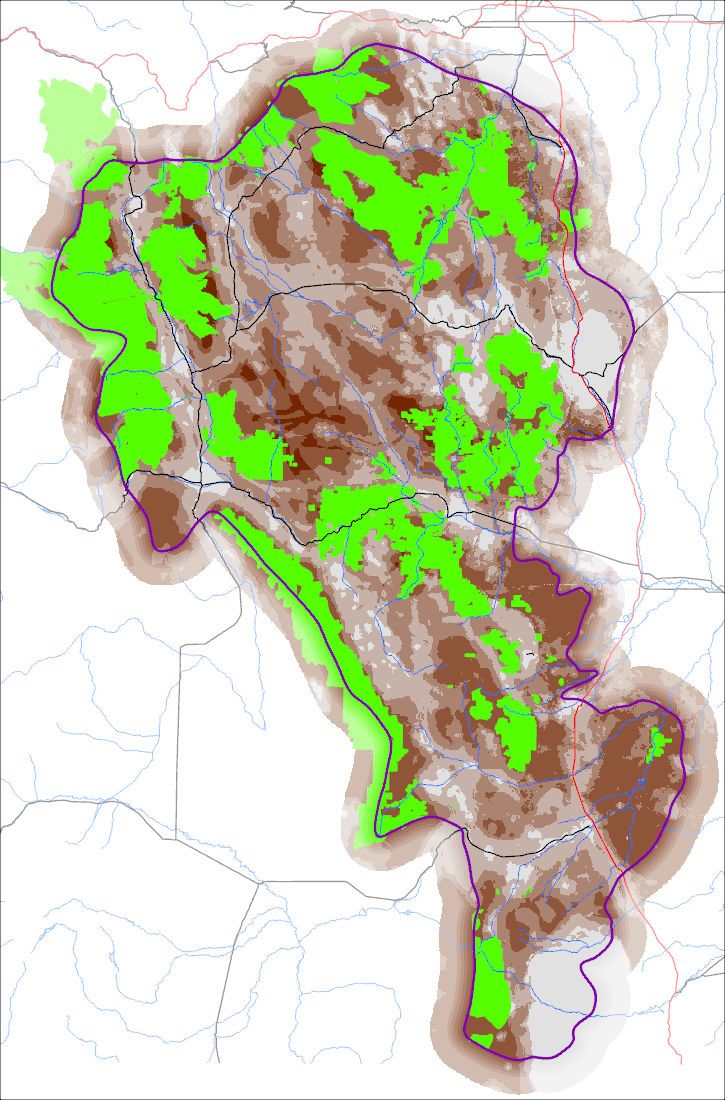 Brown regional map with green protected areas