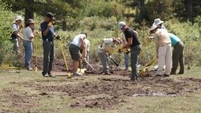 Ten people raking in seeds on replanted trail