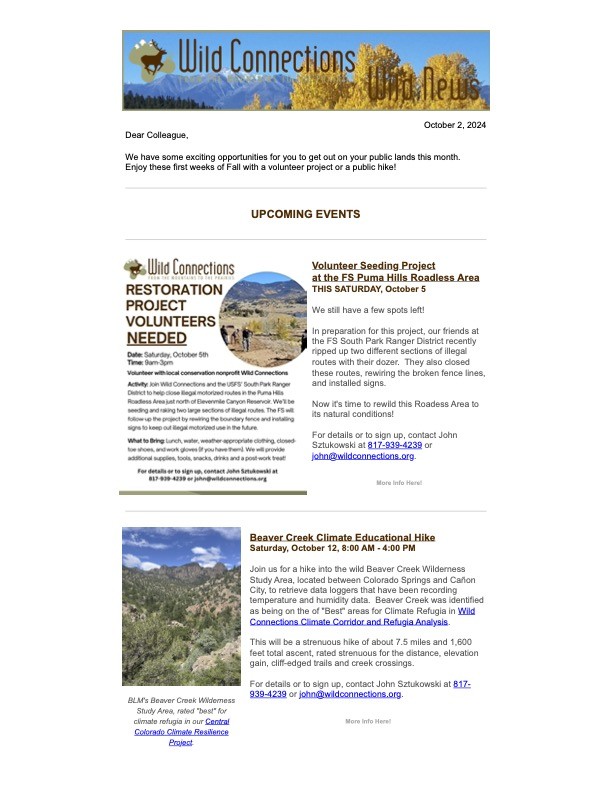 Wild News Sangre de Cristo range banner followed by part of the eamil newsletter.