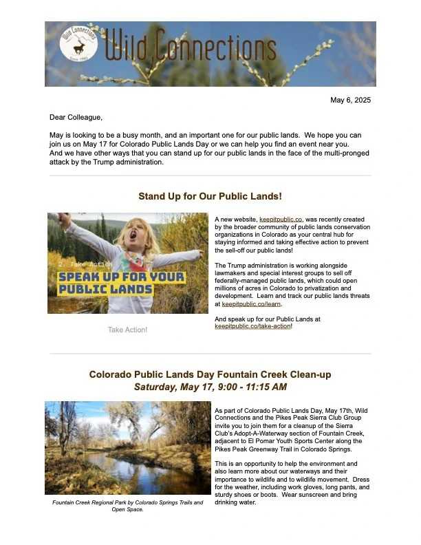 Wild News Sangre de Cristo range banner followed by part of the eamil newsletter.